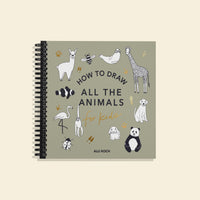 Front cover of “How to Draw All the Animals for Kids” by Alli Koch, featuring a spiral binding, playful illustrated animals like a giraffe, panda, dog, bee, and flamingo, with a spiral binding and neutral green background