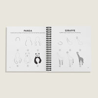 Open Spiral bound Interior pages of “How to Draw All the Animals for Kids” by Alli Koch, showing step-by-step drawing guides for a panda and a giraffe with simple numbered illustrations and fun animal facts