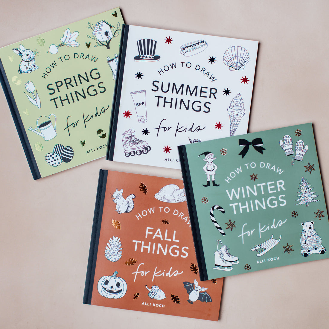Four books titled 'How to Draw Spring Things for Kids', 'How to Draw Summer Things for Kids', 'How to Draw Fall Things for Kids', and 'How to Draw Winter Things for Kids' on a beige background.