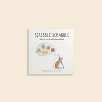 Children's book titled 'Scribble Scrabble' on a beige background
