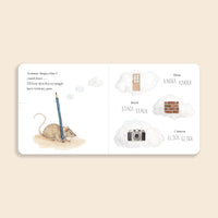 Illustrated book page with a mouse, pencil, and camera on a beige background