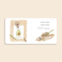 Open book with illustrations of a mouse and avocado on a beige background