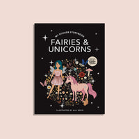 Front cover of “My Sticker Storybook: Fairies & Unicorns” illustrated by Alli Koch, featuring a fairy with teal hair and a pink unicorn surrounded by colorful flowers on a black background with sparkling stars