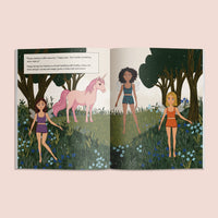 Interior pages of “My Sticker Storybook: Fairies & Unicorns” showing three illustrated fairies and a pink unicorn in a magical forest scene with wildflowers and trees, accompanied by a short story excerpt