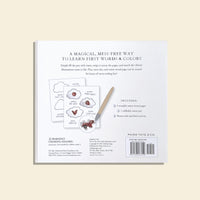 Back view of Wishy Washy Water reveal with illustrations and text on a beige background