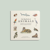 Book titled 'Our Big Book of Animals' with illustrations of various animals on a light green background