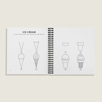 Interior pages of “How to Draw All the Things for Kids” by Alli Koch, showing step-by-step drawing guides in a spiral binding for icecream and an icecream cone with simple numbered illustrations and fun icecream facts