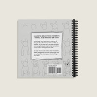 Back cover of “How to Draw All the Things for Kids” by Alli Koch, featuring a description of the book’s 5-minute drawing lessons, sample french bull dog steps, and a barcode on a gray background with spiral binding