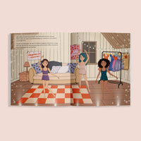 Illustrated book page showing three girls in a room with a checkered floor.