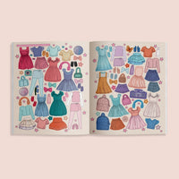Illustrated paper dolls with colorful dresses and accessories on a beige background