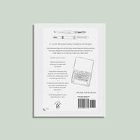 Back cover of a book with text and a pen illustration on a light green background