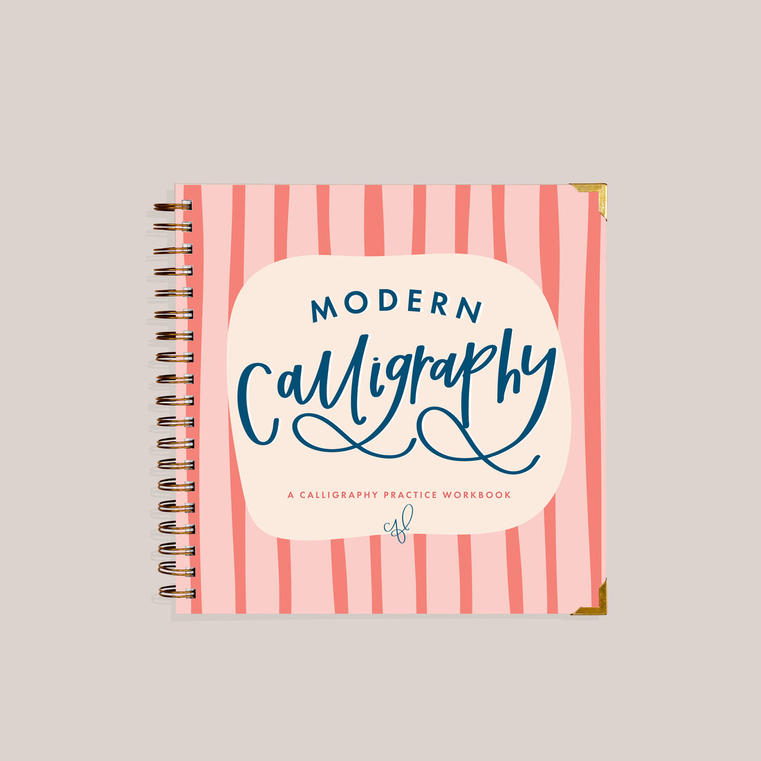 Calligraphy practice workbook with pink striped cover on a light gray background