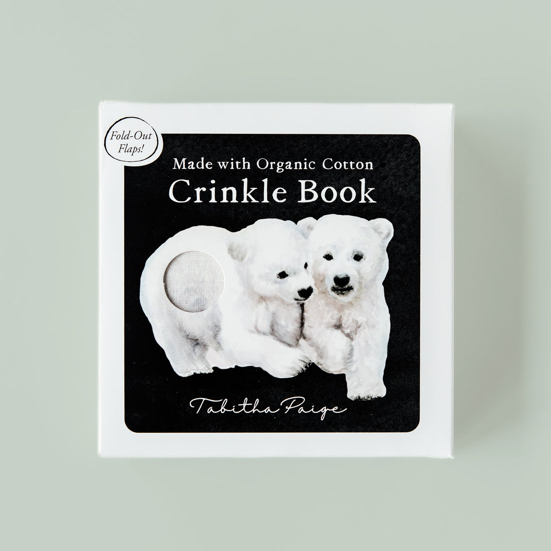 Crinkle book packaging with polar bear illustration on a light gray background
