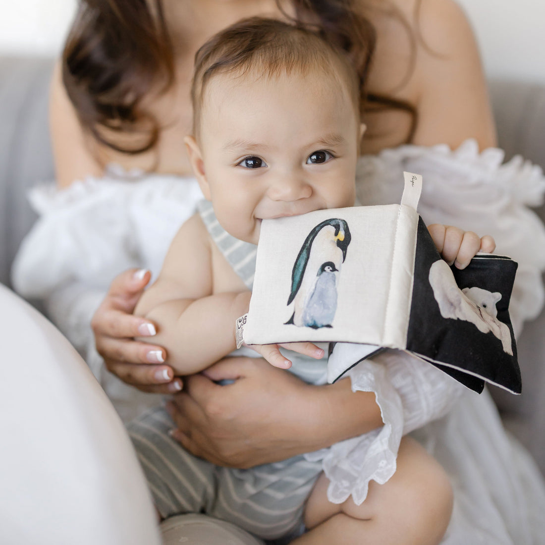 A baby holding a small illustrated book with a penguin and elephant, being held by a smiling woman on a light sofa.
