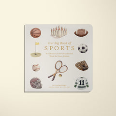 Cover of 'Our Big Book of Sports' featuring various sports-related illustrations such as a basketball, football, and baseball with a title and author's name.