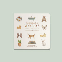 A board book titled 'Our Big Book of Words' with illustrations of a bird, a cat, a butterfly, a monkey, a banana, a cactus, and a rabbit on the cover.