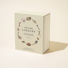 Book titled 'Our Little Library' with illustrations on a beige background