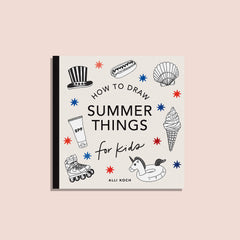 A book cover for 'Summer Things: How to Draw Books for Kids' featuring a variety of summer-themed illustrations such as a beach, ice cream, and sunflowers, and the author's name, Alli Koch.
