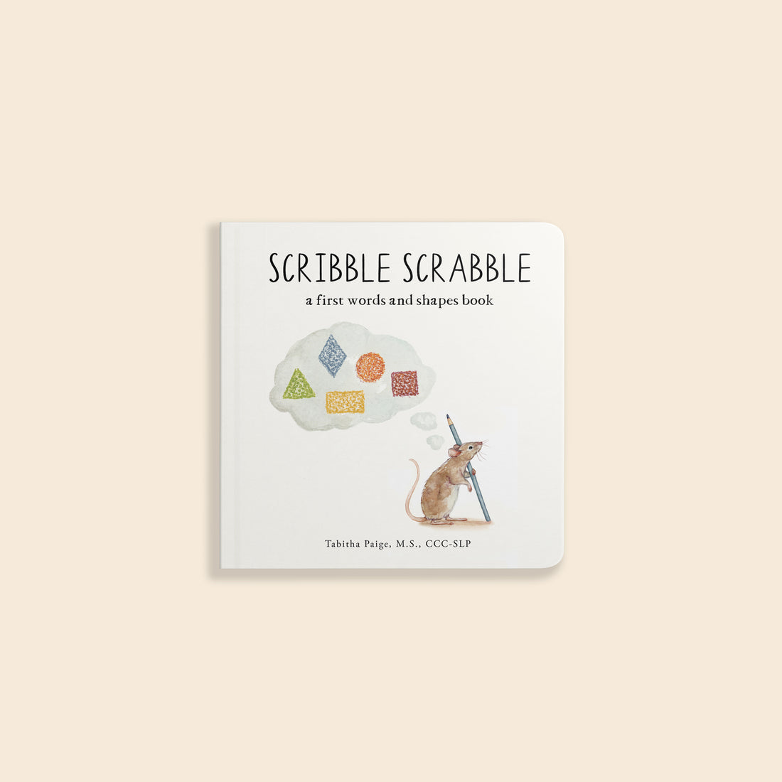 Children's book titled 'Scribble Scrabble' on a beige background
