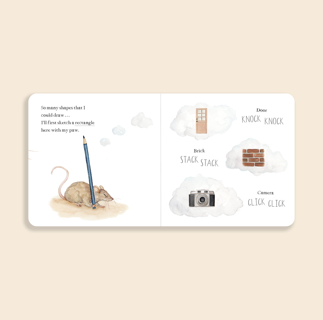 Illustrated book page with a mouse, pencil, and camera on a beige background