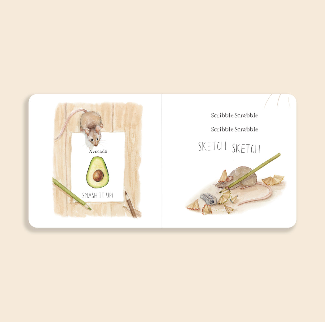 Open book with illustrations of a mouse and avocado on a beige background