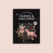 Front cover of “My Sticker Storybook: Fairies & Unicorns” illustrated by Alli Koch, featuring a fairy with teal hair and a pink unicorn surrounded by colorful flowers on a black background with sparkling stars