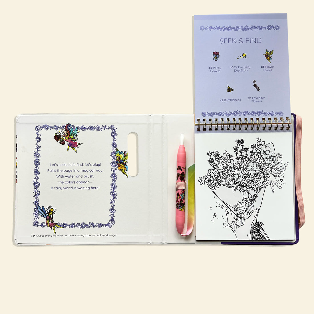 Coloring book with a pink pen on a white background