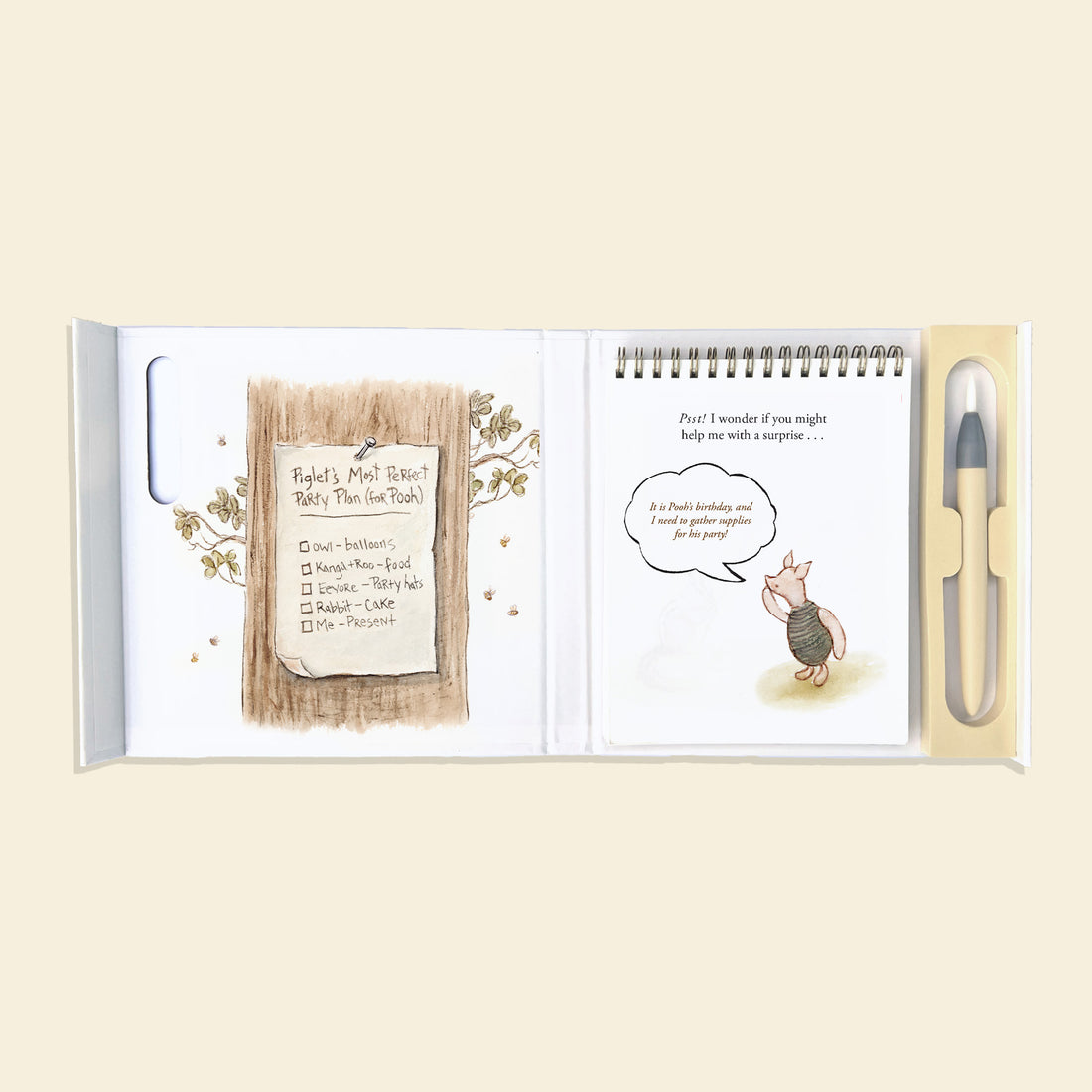 Open book with illustrations and text on a beige background