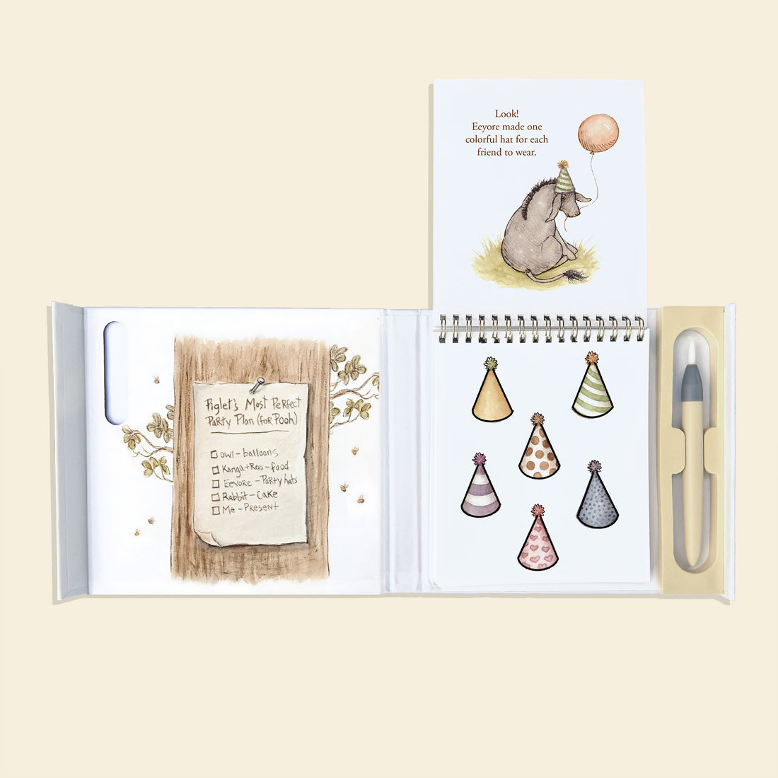 Open book with illustrations and text on a beige background