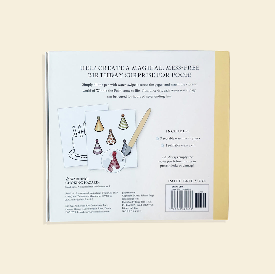Back of a book packaging with illustrations and text on a beige background