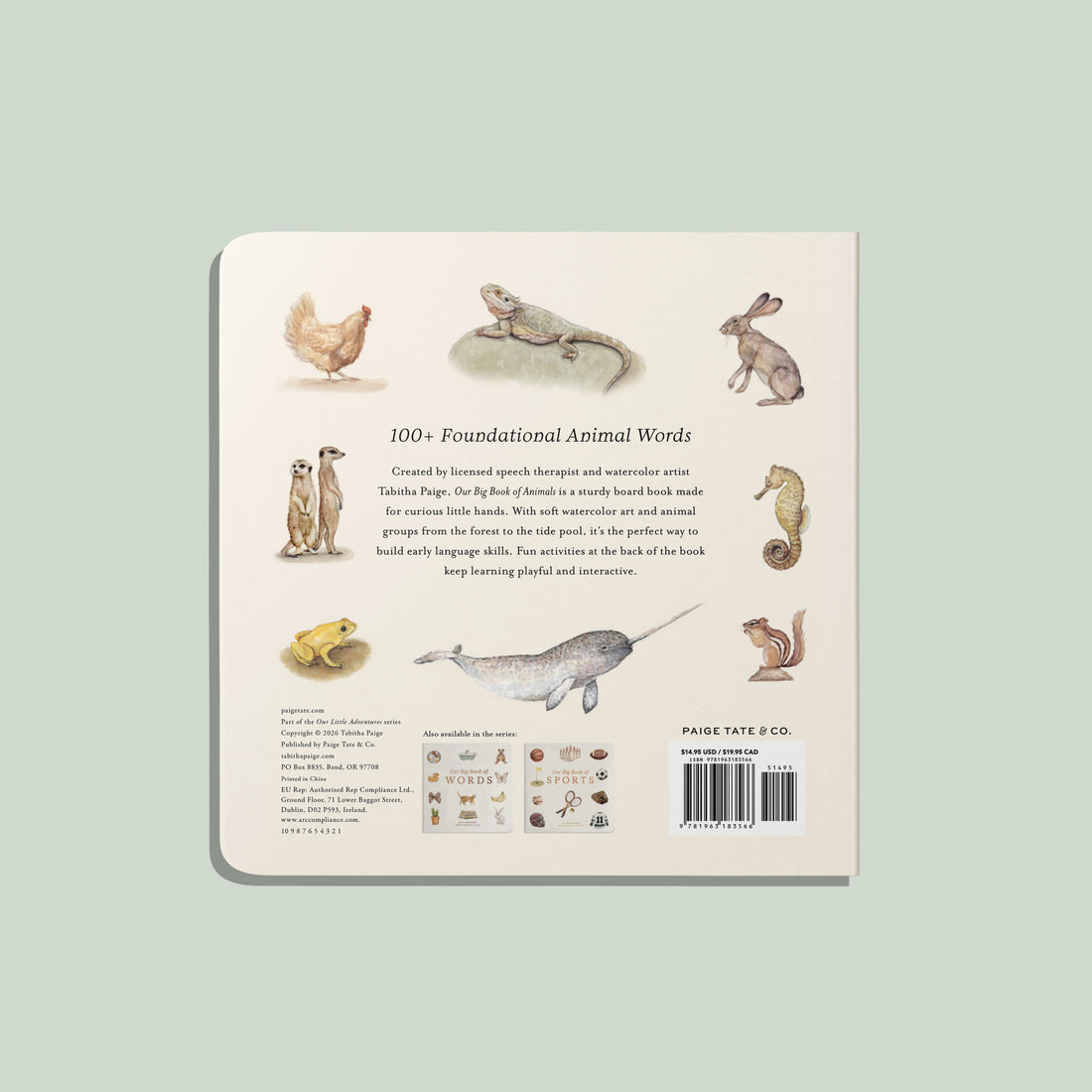 Back cover of a book with illustrations of animals and text on a light green background