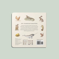 Back cover of a book with illustrations of animals and text on a light green background
