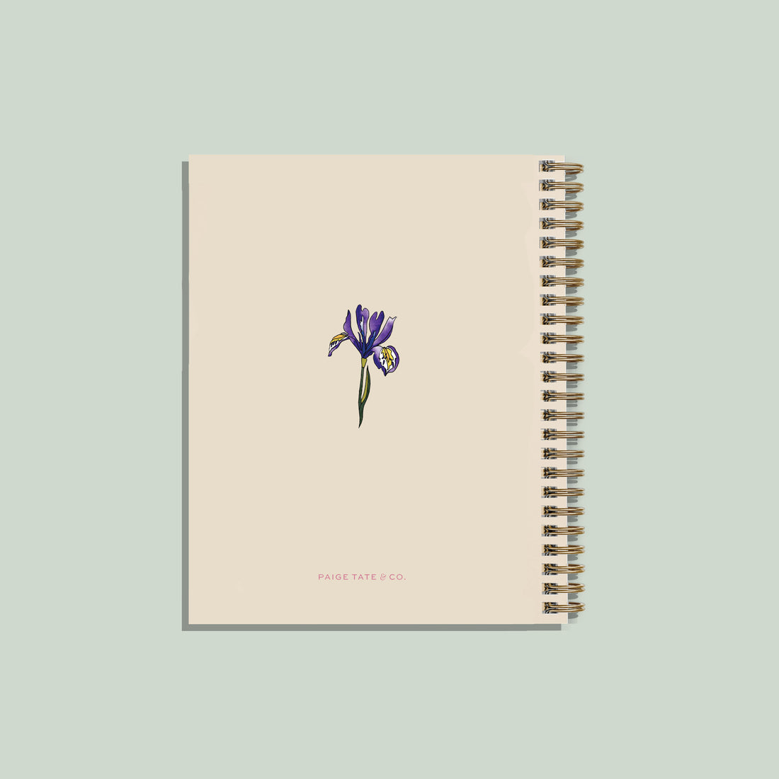 A spiral-bound notebook with a beige cover featuring a small purple iris flower illustration and the text 'PAGE TATE & CO.' in pink, shown on a muted sage green background.