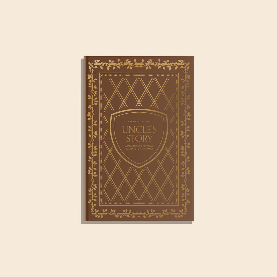 Book titled 'Uncles Story' with decorative cover on a beige background