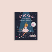 Sticker storybook cover for a dance recital with a dancer illustration on a dark blue background.