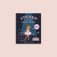 Sticker storybook cover for a dance recital with a dancer illustration on a dark blue background.