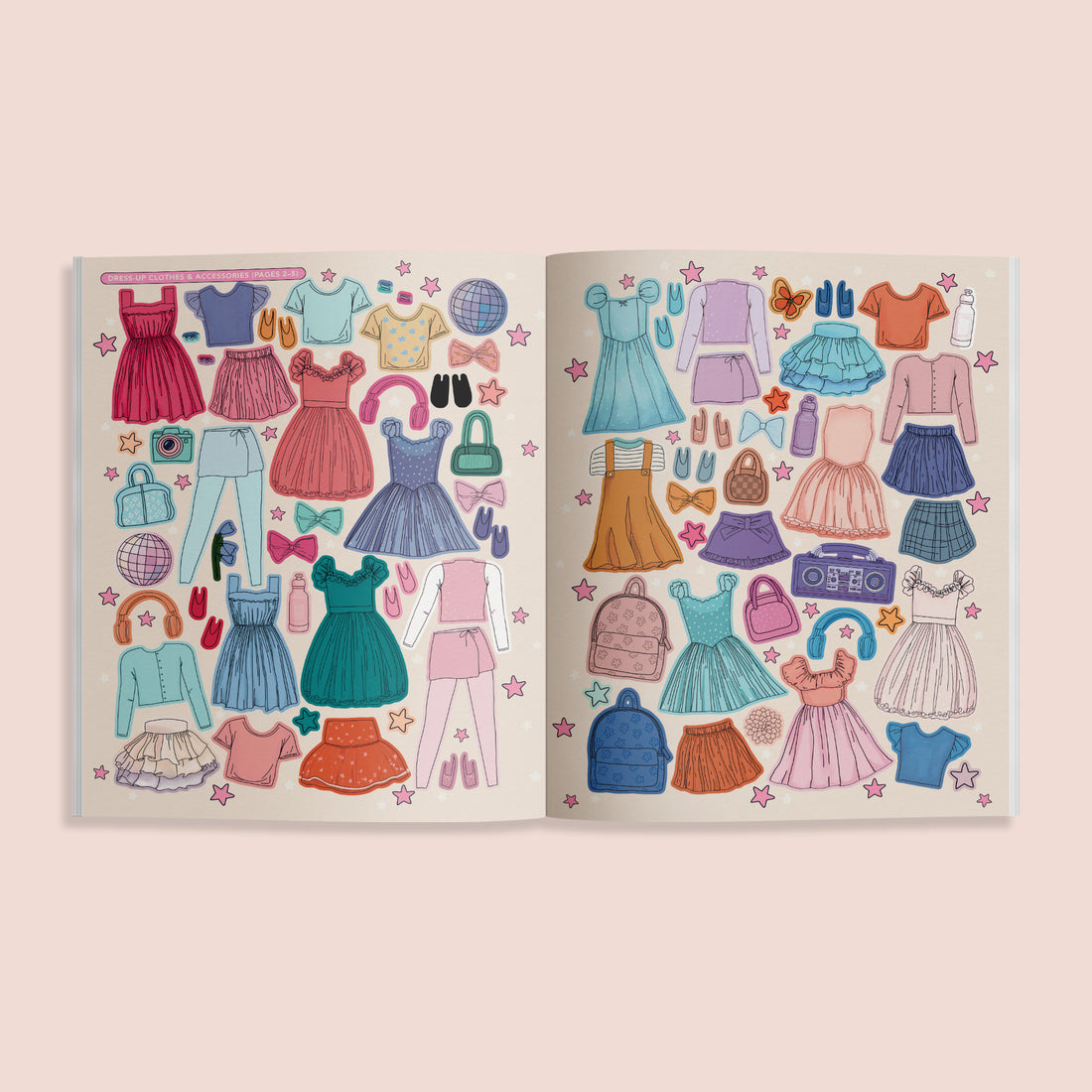 Illustrated paper dolls with colorful dresses and accessories on a beige background