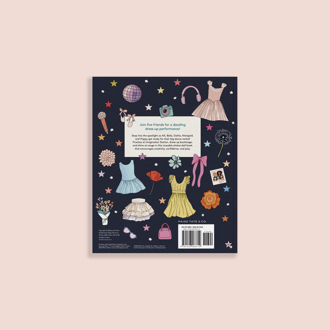 Book cover with illustrations of dresses, accessories, and stars on a dark blue background