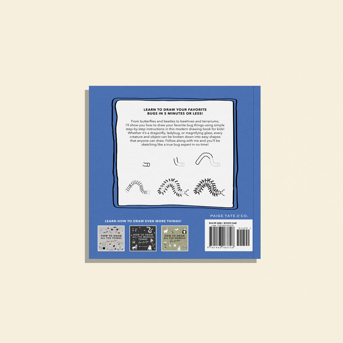 back cover of "How to Draw Bugs for Kids" with a blue cover and the step-by-step process on how to draw a caterpillar. 