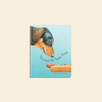 Book cover with a dachshund and hot dog illustration on a beige background