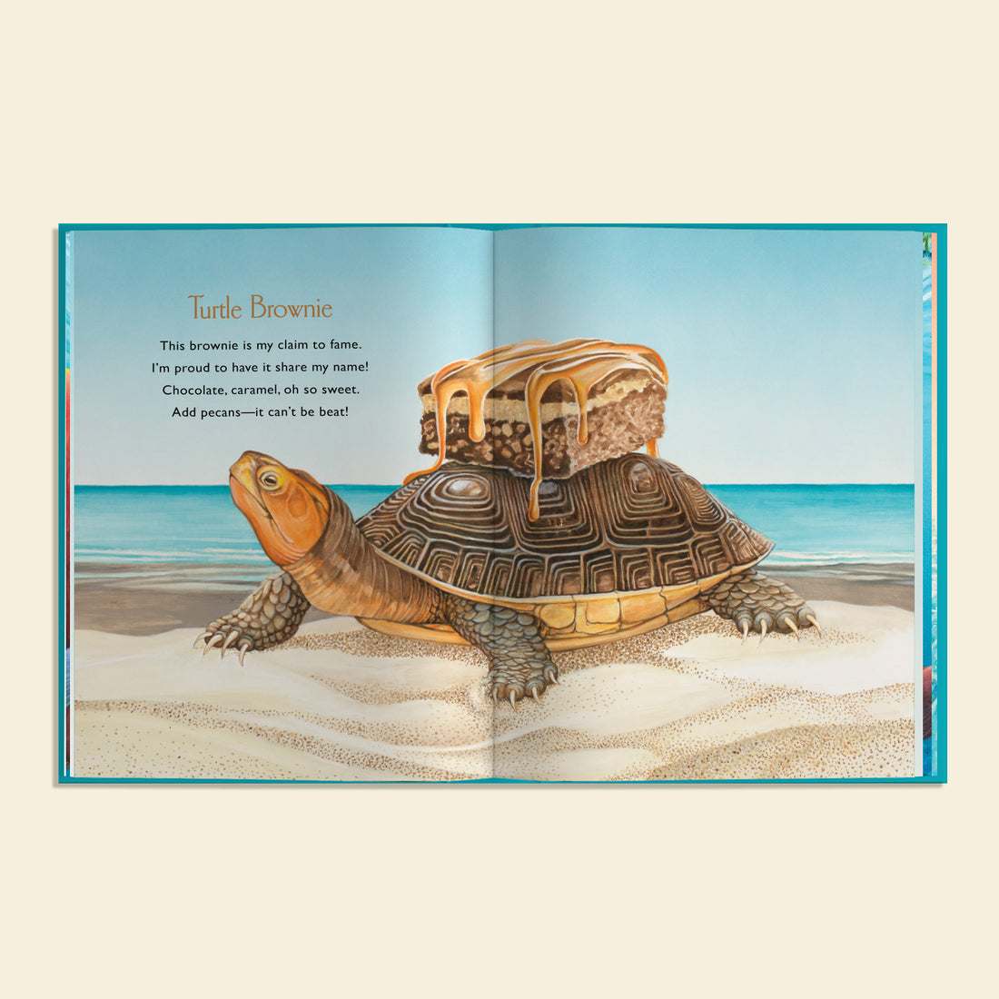 Illustration of a turtle with a chocolate cake on its shell, set against a beach scene.
