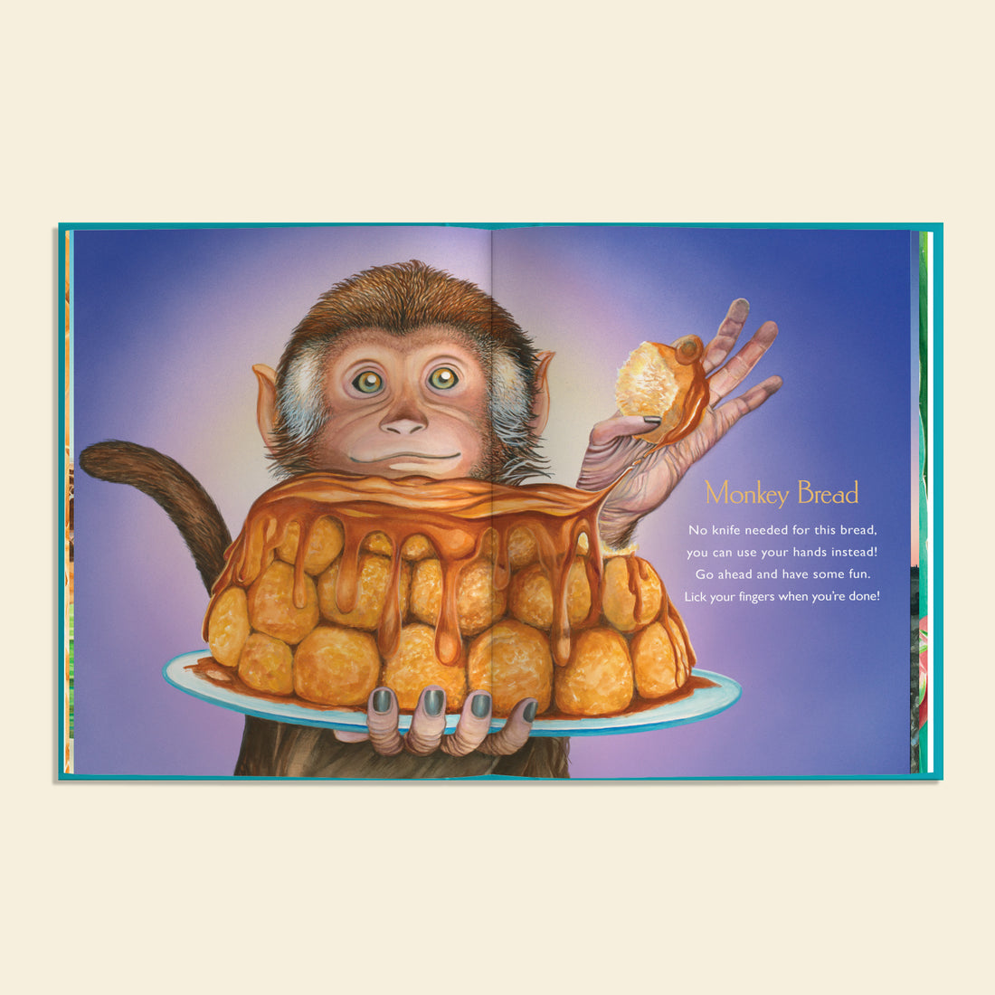 Illustration of a monkey holding a tray with 'Monkey Bread' on a purple background