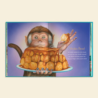 Illustration of a monkey holding a tray with 'Monkey Bread' on a purple background