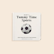 Book titled 'Baby's Tummy Time Sports' with a soccer ball illustration on a beige background