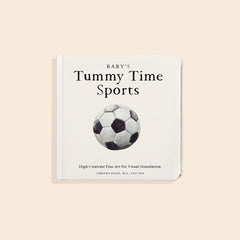 Book titled 'Baby's Tummy Time Sports' with a soccer ball illustration on a beige background