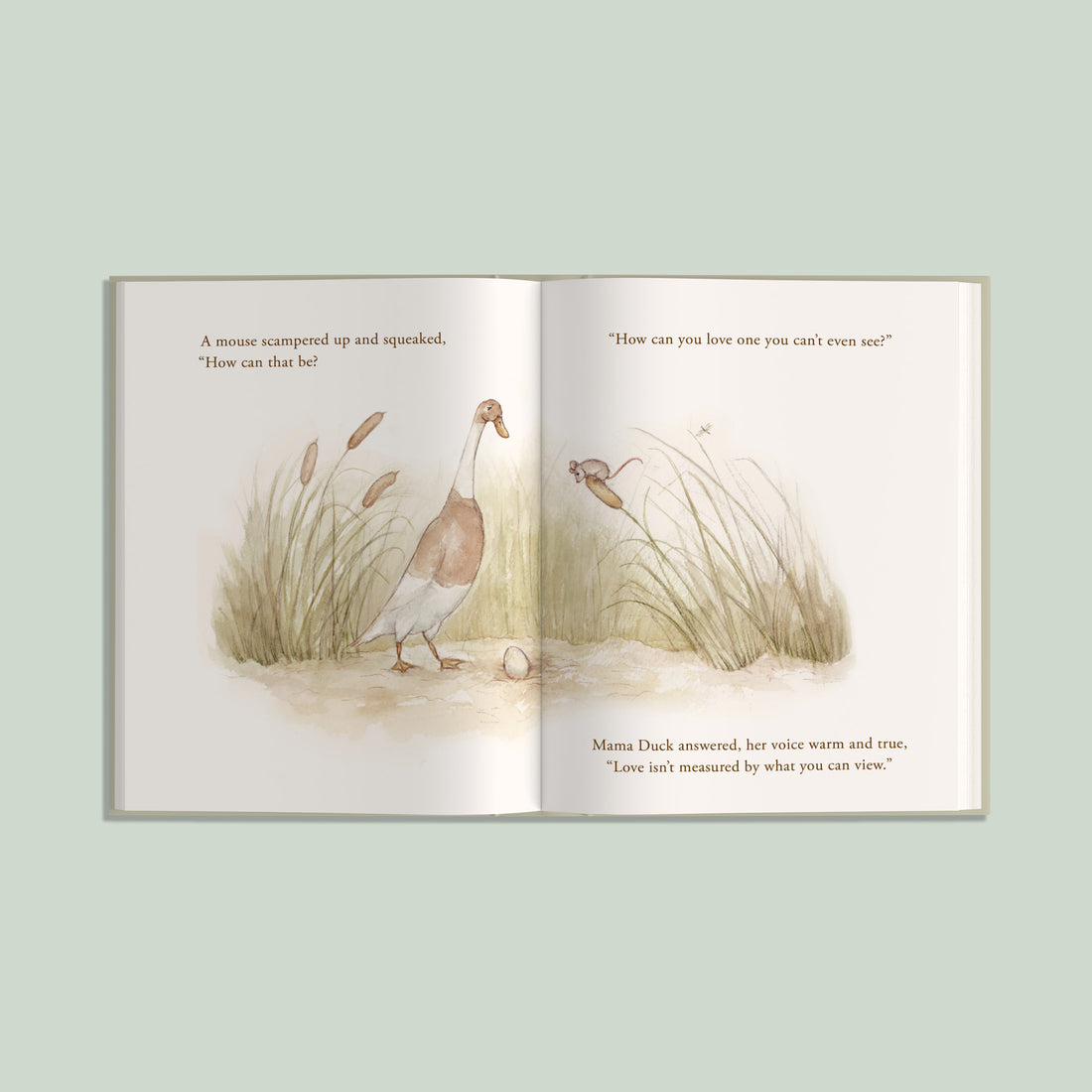 Open book showing a watercolor illustration of a mama duck and an egg in the midst of tall reeds with a mouse looking on. 