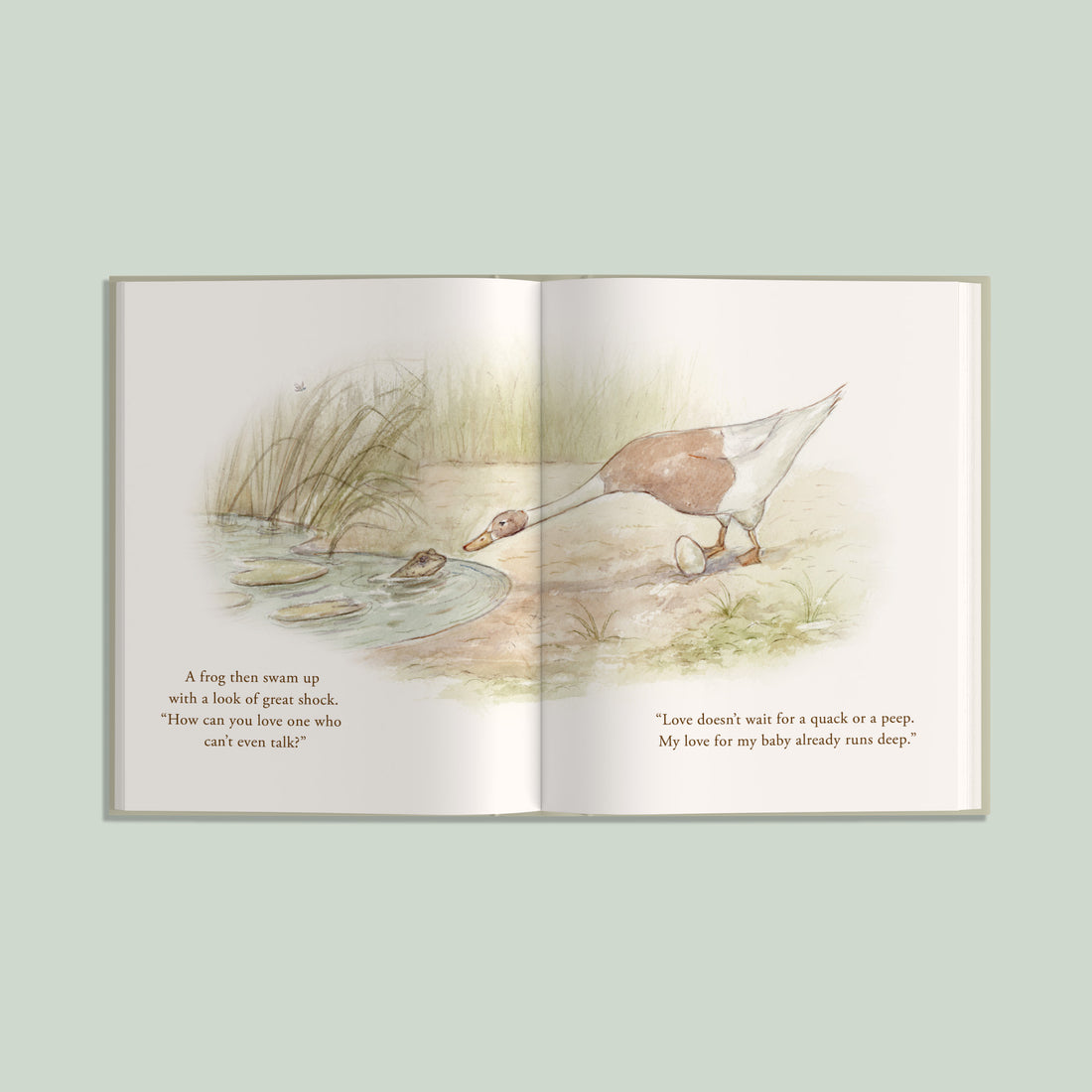 Open book with a watercolor illustration of a mama duck protecting her egg while she leans forward to talk with a frog in the pond. 