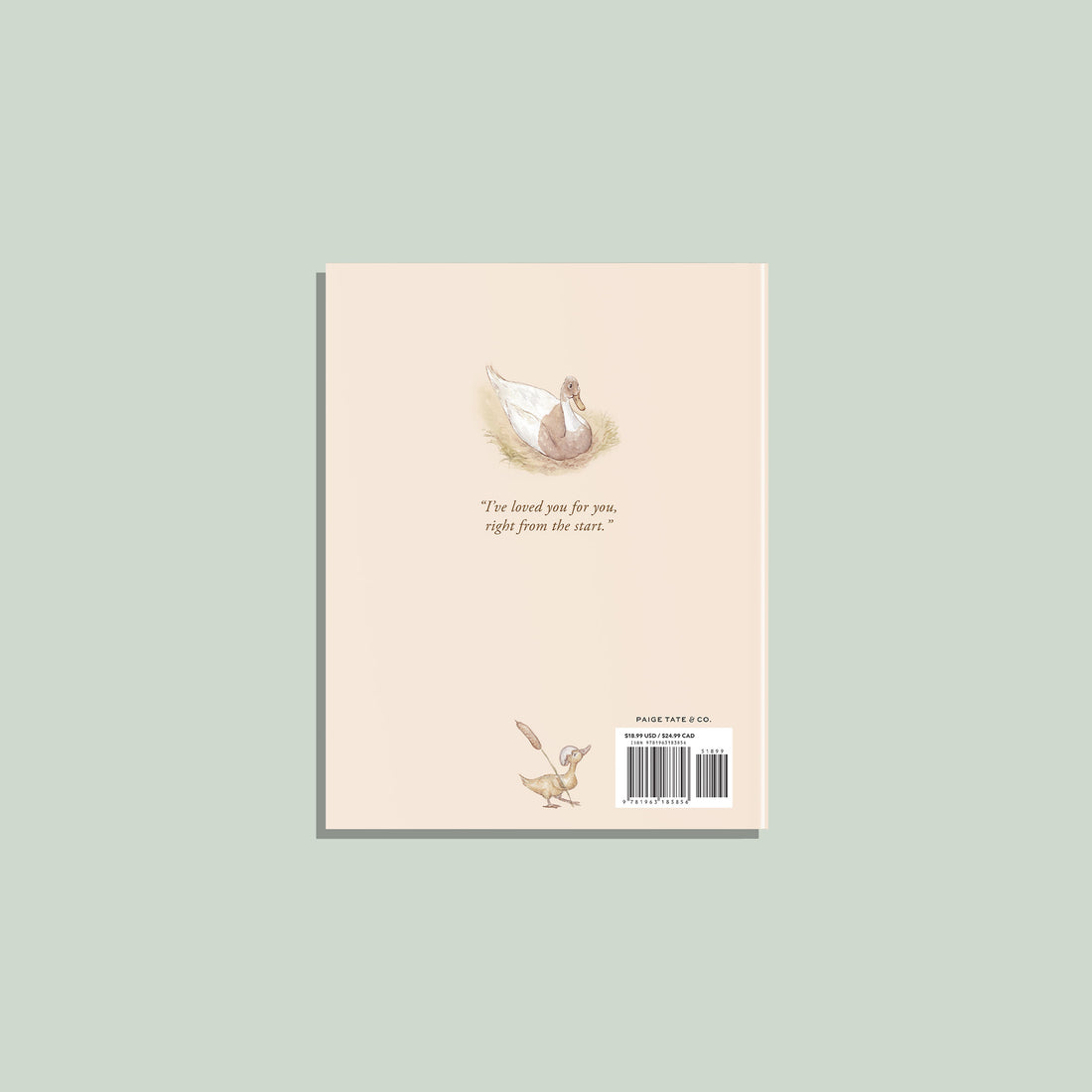 Back cover view is beige with a watercolor illustration of a mama duck sitting on a nest and a baby duck at the bottom holding a reed. 