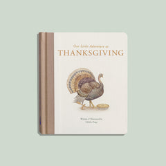 Book titled 'Our Little Adventure at Thanksgiving' with a turkey illustration on a light green background