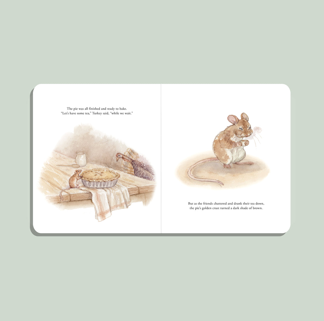 Illustrated book page with a mouse and pie on a light green background